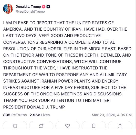 Trump postpones Iran power grid strikes. | Trump postpones planned strikes on Iran's power systems for five days as talks progress, markets rebound, and tensions in the Gulf remain high. Channel News Pakistan Trump postpones Iran power grid strikes. Channel News Pakistan